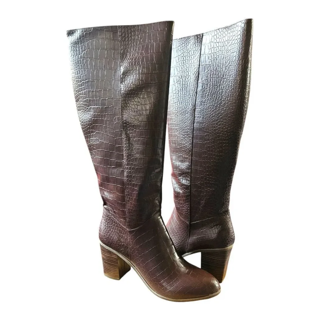 BC Footwear Make An Impact Vegan Croc-Embossed Stacked Heel Knee-High Boots 10M